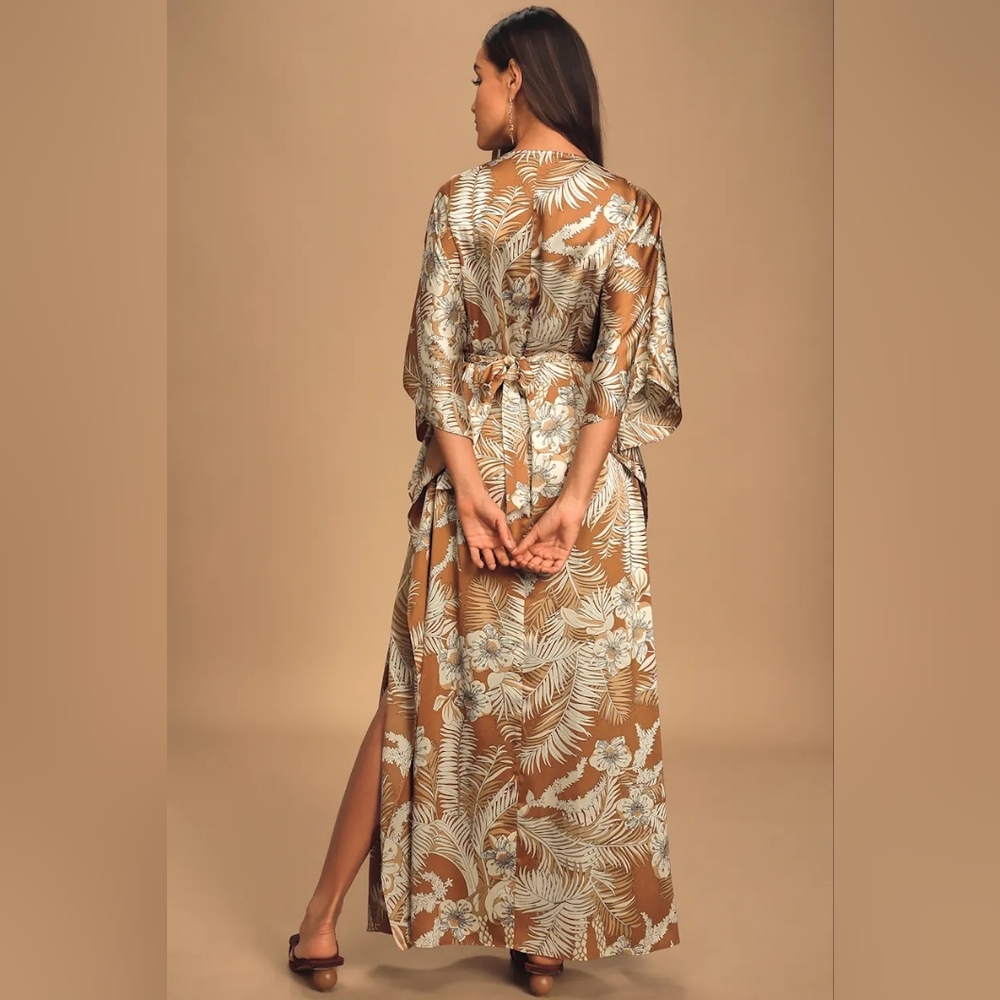 NWT Lulus Take A Holiday Tan Tropical Print Maxi Dress - Picture 3 of 4